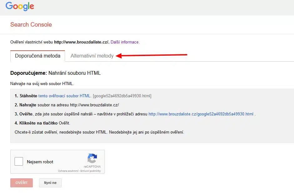 Search Console metody ověření
