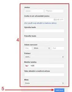 Google registrační formulář