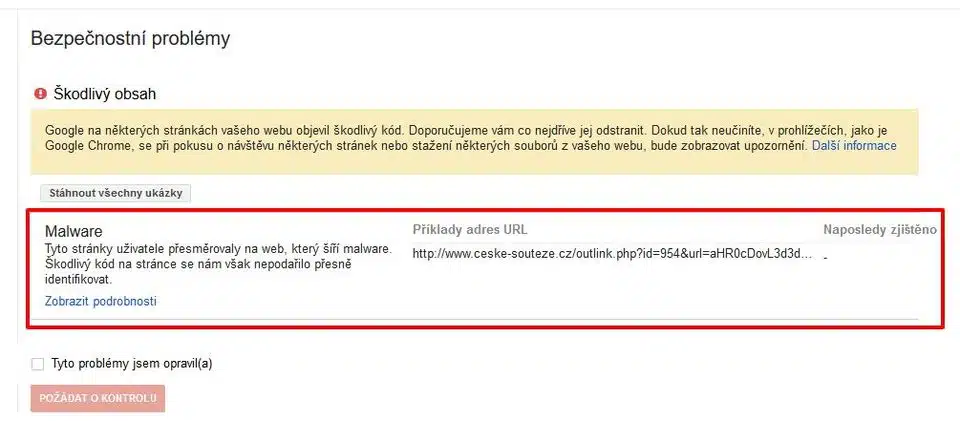 Search Console - útočná stránka