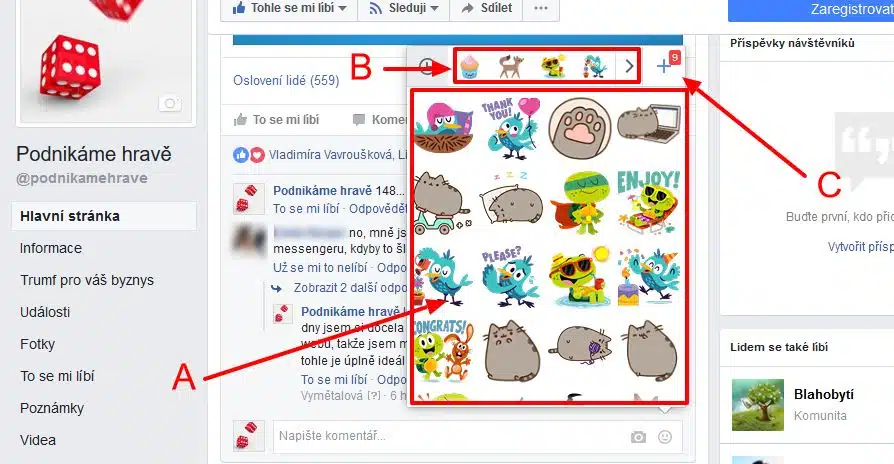 karta pro samolepky v messengeru a na facebooku