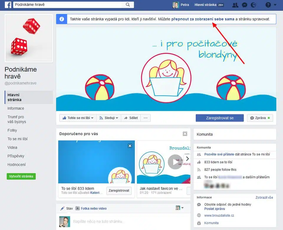 Zobrazení facebookové stránky - návštěvník