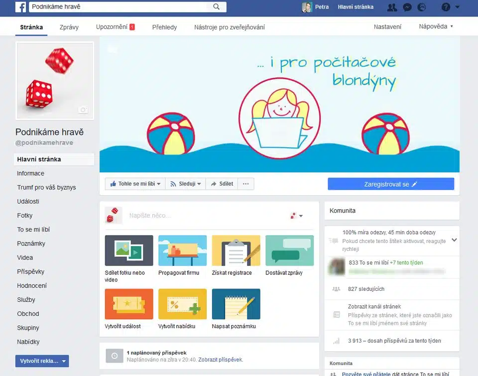 facebooková stránka - pohled správce