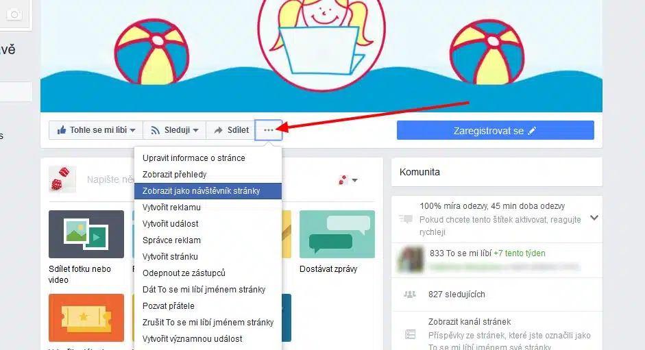 facebooková stránka - Zobrazit jako návštěvník