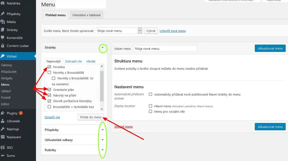 Wordpress výběr položek do menu