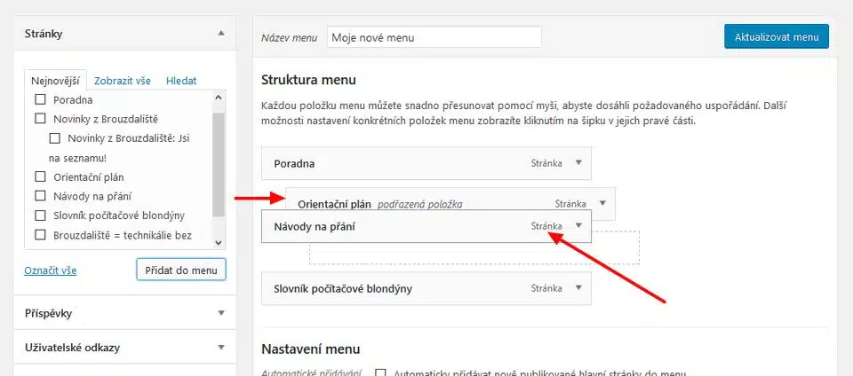 Wordpress přesouvání položek v menu