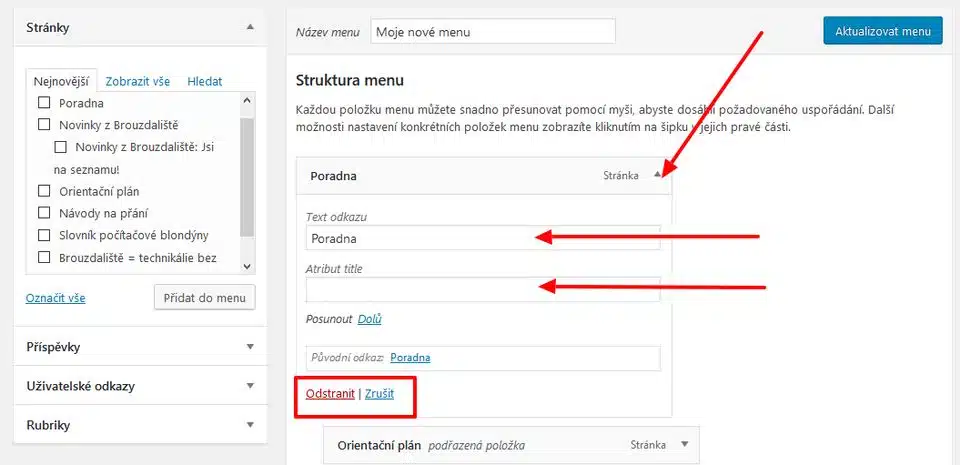 Wordpress přejmenovat položky v menu