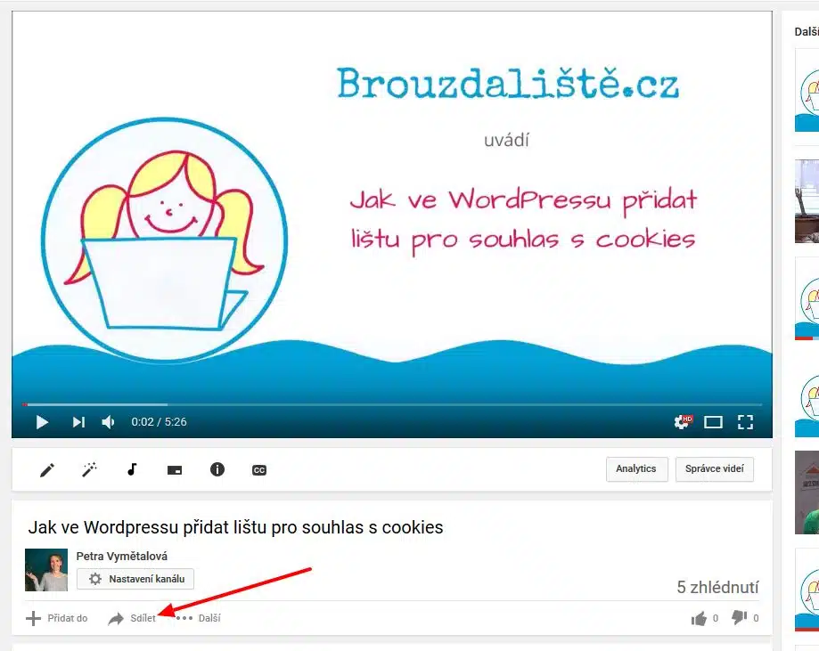 vložit video z Youtube do WordPressu - najít odkaz ke sdílení