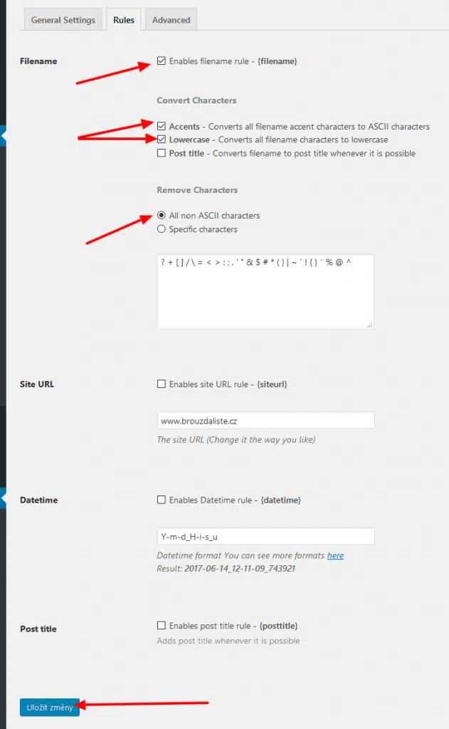 File Renaming on Upload nastavení pluginu