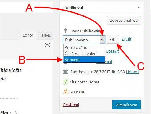 Změna publikace článku ve wordpressu