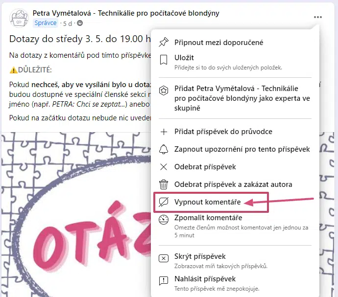 vypnout komentáře u příspěvku na facebooku