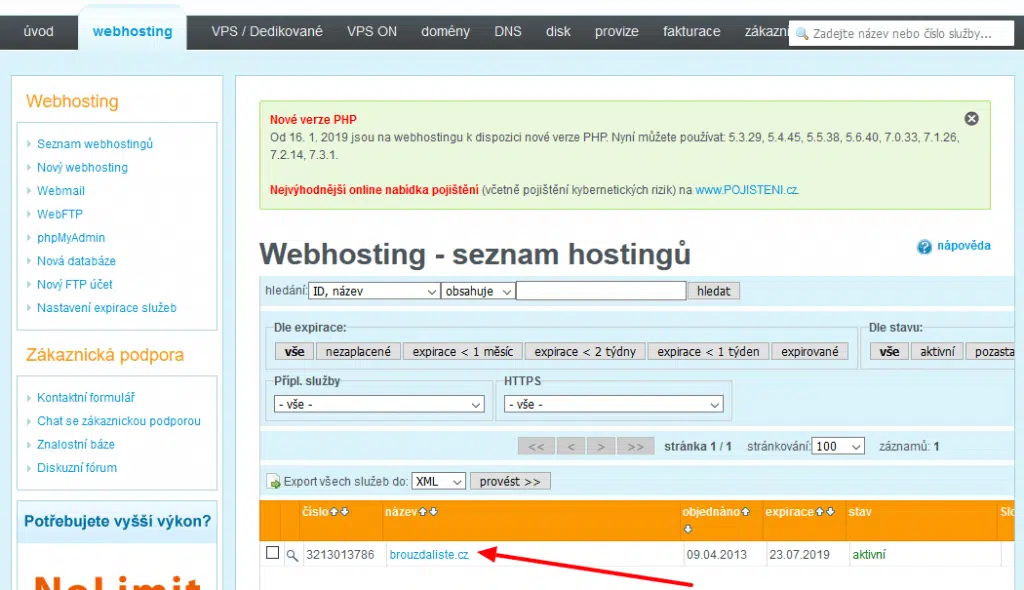 wedos správa webhostingu