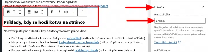 jak nastavit kotvu ve WordPressu s Gutenbergem
