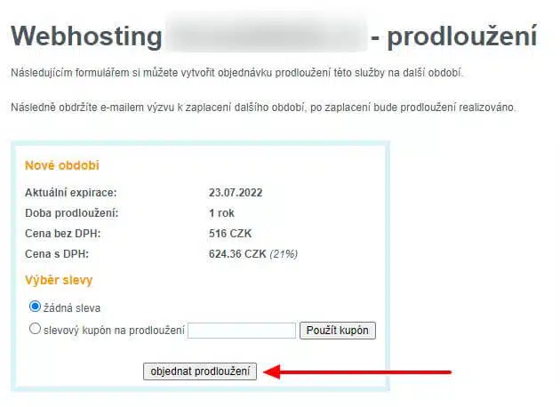 ruční prodloužení webhostingu u Wedosu