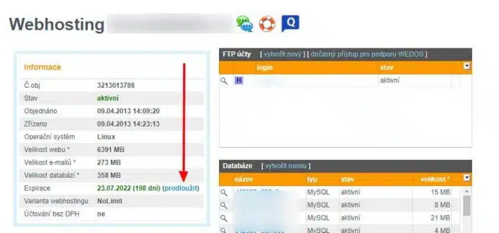 prodloužit webhosting Wedos ručně