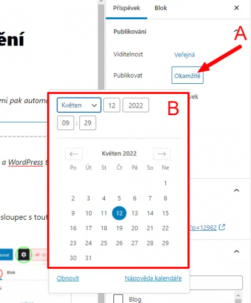 Gutenberg - nastavit datum a čas zveřejnění článku